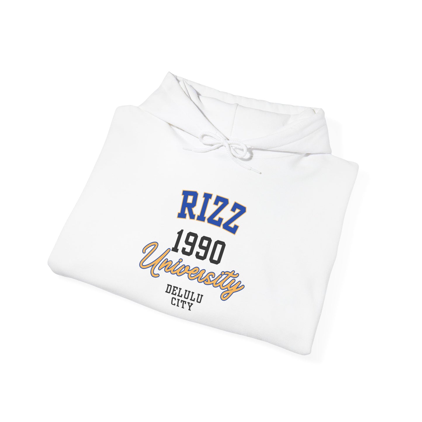 RIZZ UNIVERSITY 1990- Unisex Heavy Blend Hooded Sweatshirt -WHITE-“Top Pick Graphic Hoodie — Cozy Streetwear Must-Have With Viral Vibes”
