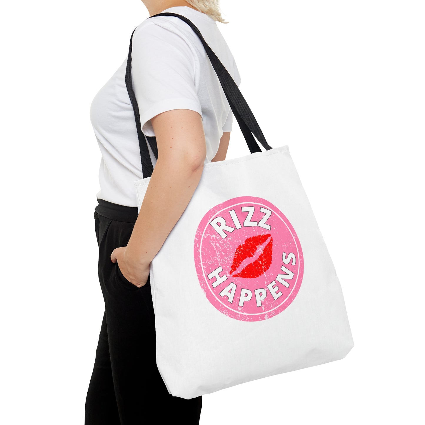 RIZZ HAPPENS- AOP Tote Bag (white)-"Shopping Trips Deserve A Plus-One"