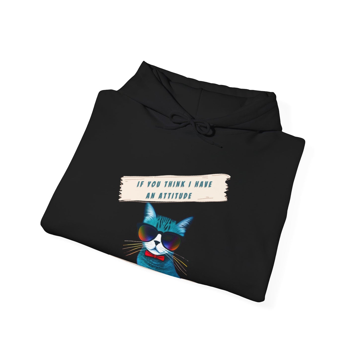 "IF YOU THINK I HAVE AN ATTITUDE-YOU SHOULD SEE THE LADY THAT CLEANS MY LITTERBOX"- Unisex Heavy Blend Hooded Sweatshirt -(VARIETY OF COLORS) "Sassy Cat With Attitude"