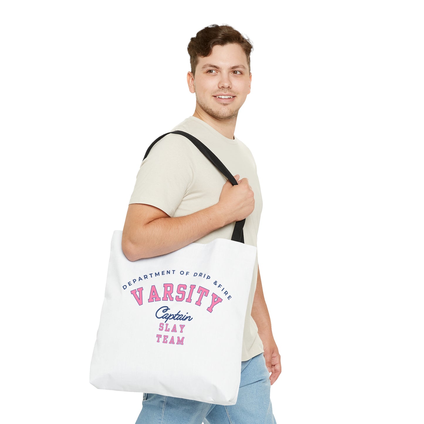 DEPARTMENT OF DRIP & FIRE VARSITY CAPTAIN SLAY TEAM- AOP Tote Bag (white)-"Shopping Trips Deserve A Plus-One"