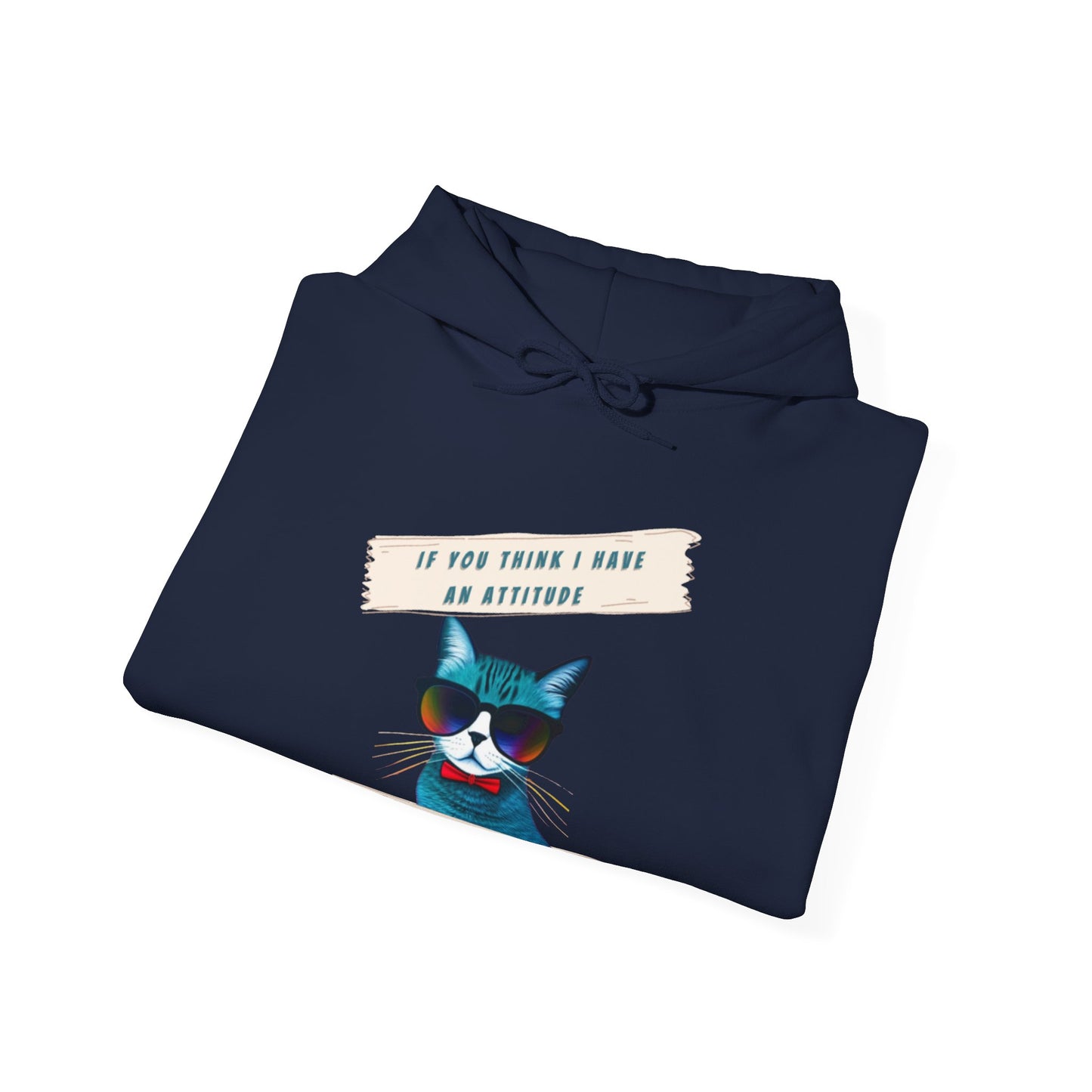 "IF YOU THINK I HAVE AN ATTITUDE-YOU SHOULD SEE THE LADY THAT CLEANS MY LITTERBOX"- Unisex Heavy Blend Hooded Sweatshirt -(VARIETY OF COLORS) "Sassy Cat With Attitude"
