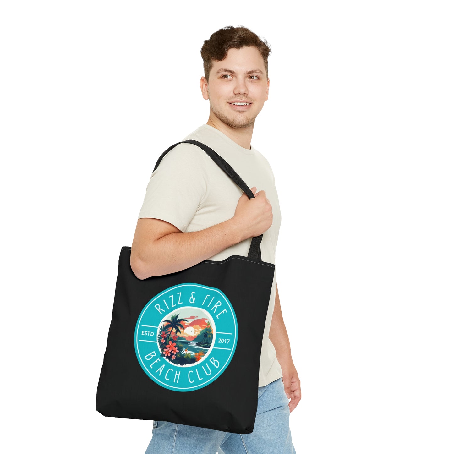 RIZZ & FIRE BEACH CLUB- AOP Tote Bag (BLACK)"Tote-Ally Stylish, All Day Every Day"