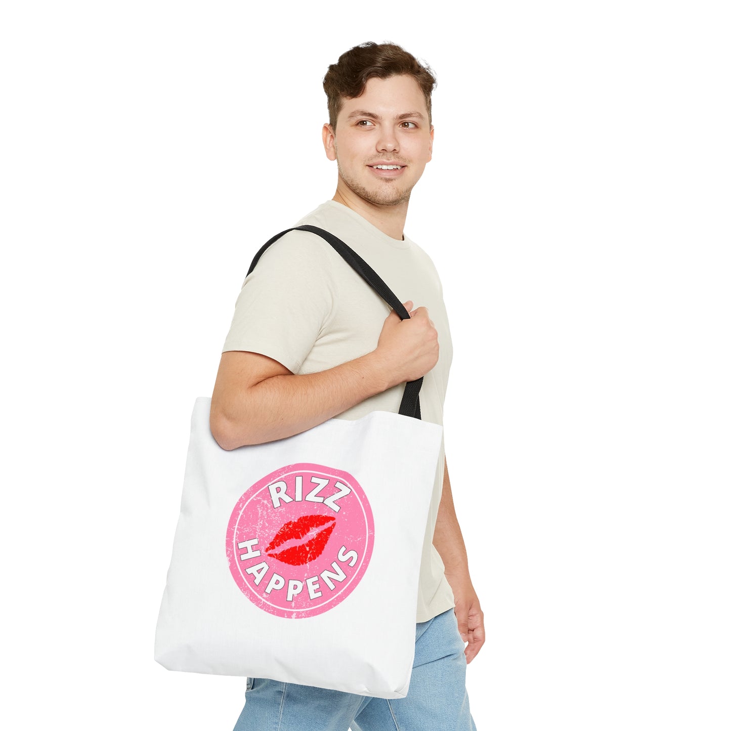 RIZZ HAPPENS- AOP Tote Bag (white)-"Shopping Trips Deserve A Plus-One"