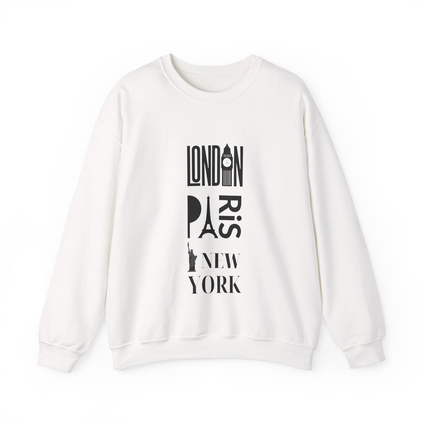 LONDON NEW YORK PARIS- Unisex Heavy Blend Crewneck Sweatshirt (VARIETY OF COLORS) "Stylish Travel Sweatshirt- Big City Energy"