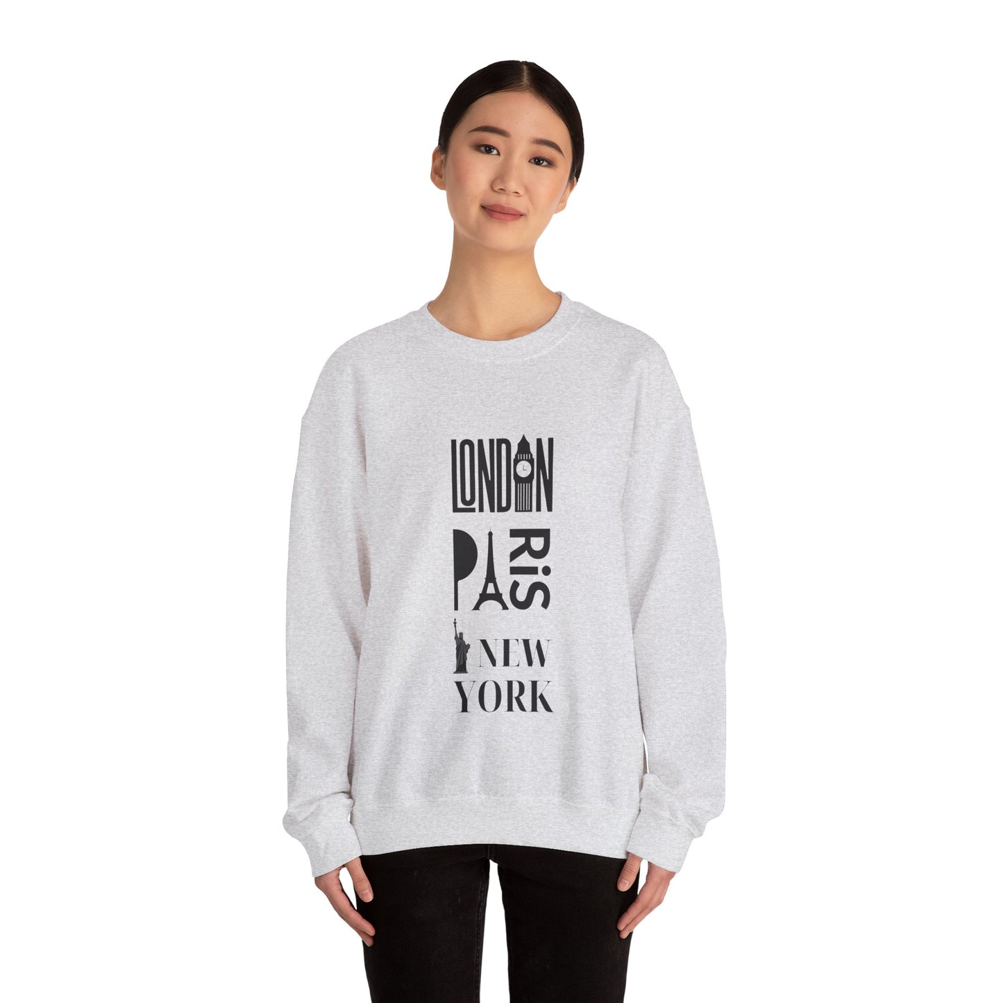 LONDON NEW YORK PARIS- Unisex Heavy Blend Crewneck Sweatshirt (VARIETY OF COLORS) "Stylish Travel Sweatshirt- Big City Energy"