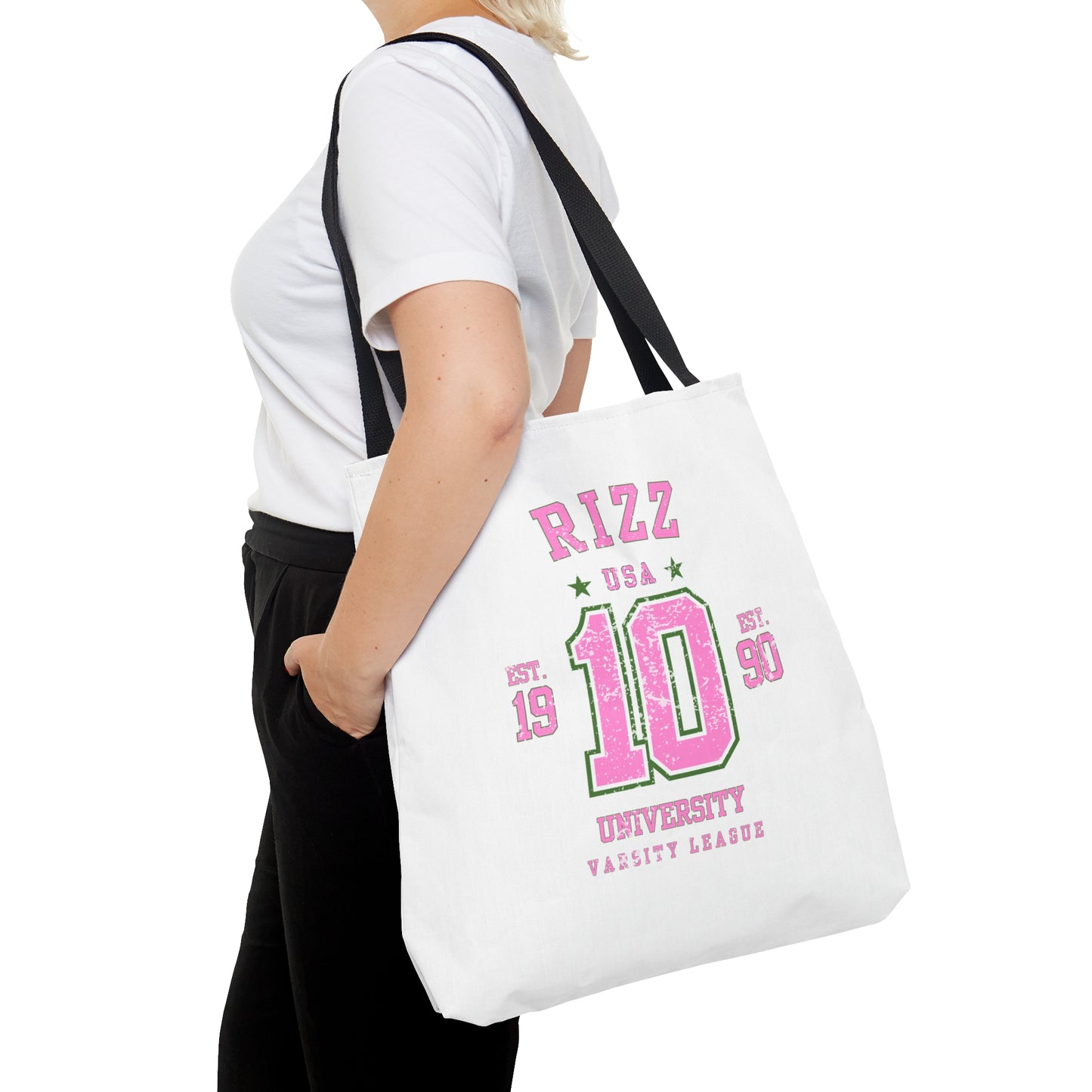 RIZZ UNIVERSITY- AOP Tote Bag (white)-"Hallway Runway Ready"