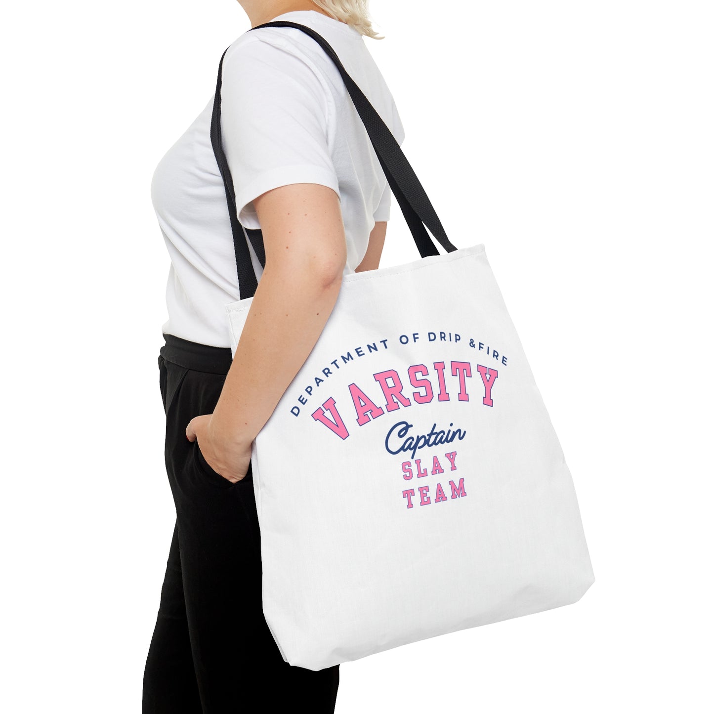 DEPARTMENT OF DRIP & FIRE VARSITY CAPTAIN SLAY TEAM- AOP Tote Bag (white)-"Shopping Trips Deserve A Plus-One"