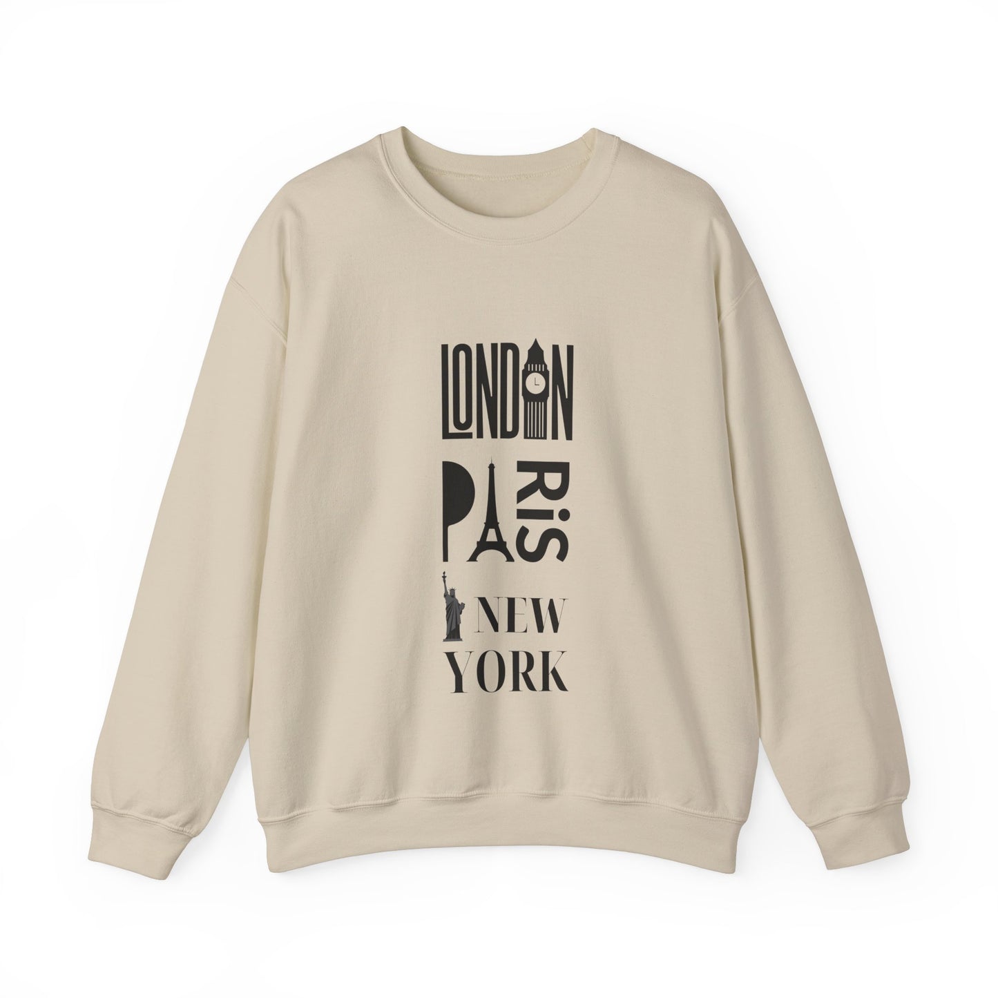 LONDON NEW YORK PARIS- Unisex Heavy Blend Crewneck Sweatshirt (VARIETY OF COLORS) "Stylish Travel Sweatshirt- Big City Energy"