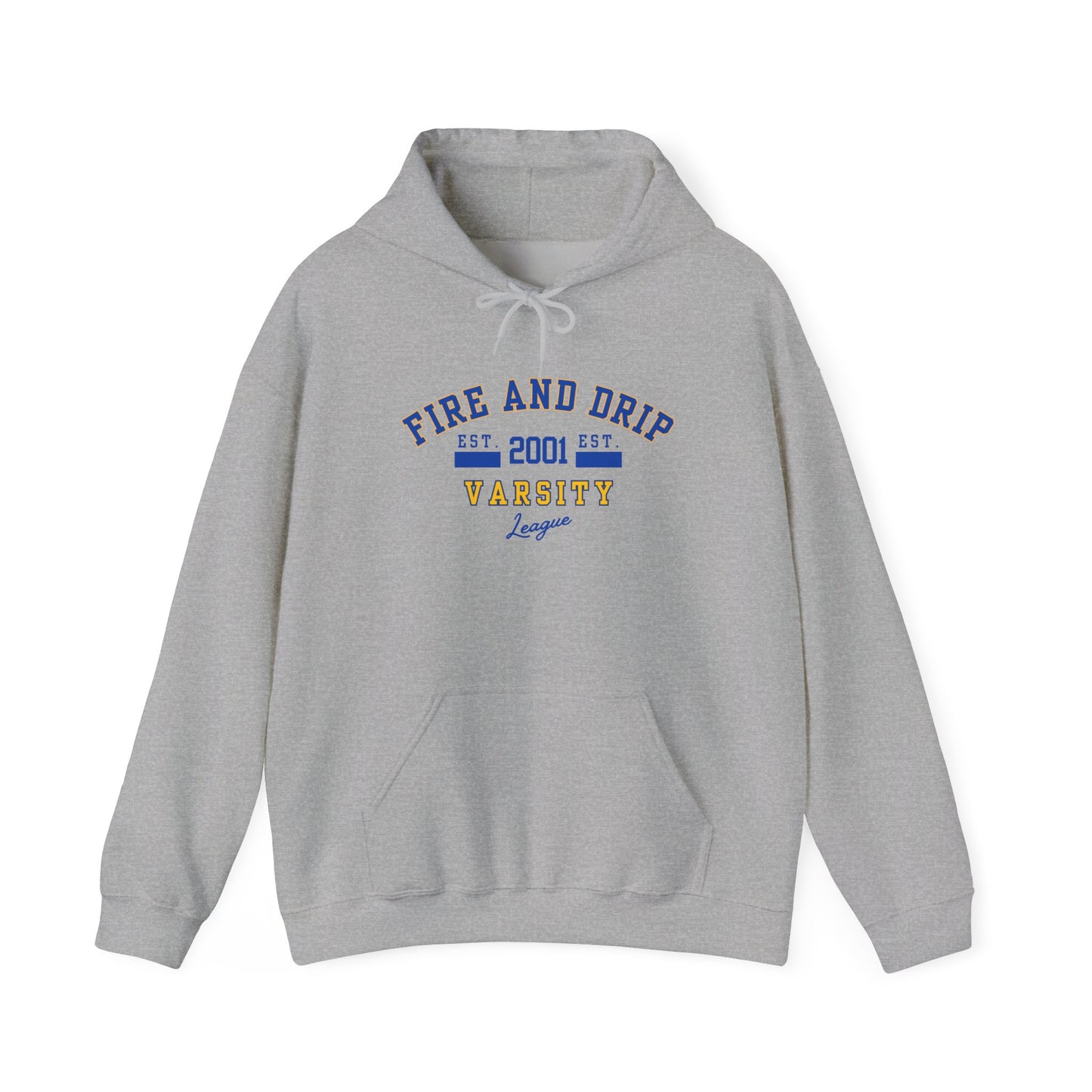 FIRE AND DRIP VARSITY- Unisex Heavy Blend Hooded Sweatshirt-“Must Have Streetwear Trending Graphic Pullover for Everyday Style”