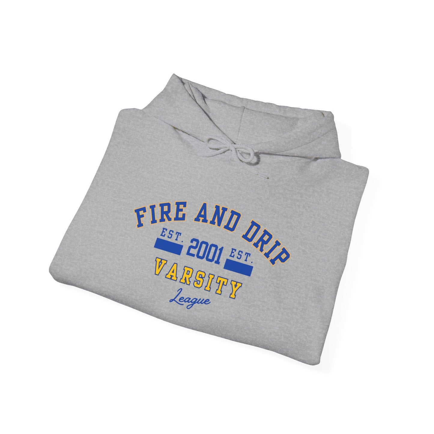 FIRE AND DRIP VARSITY- Unisex Heavy Blend Hooded Sweatshirt-“Must Have Streetwear Trending Graphic Pullover for Everyday Style”