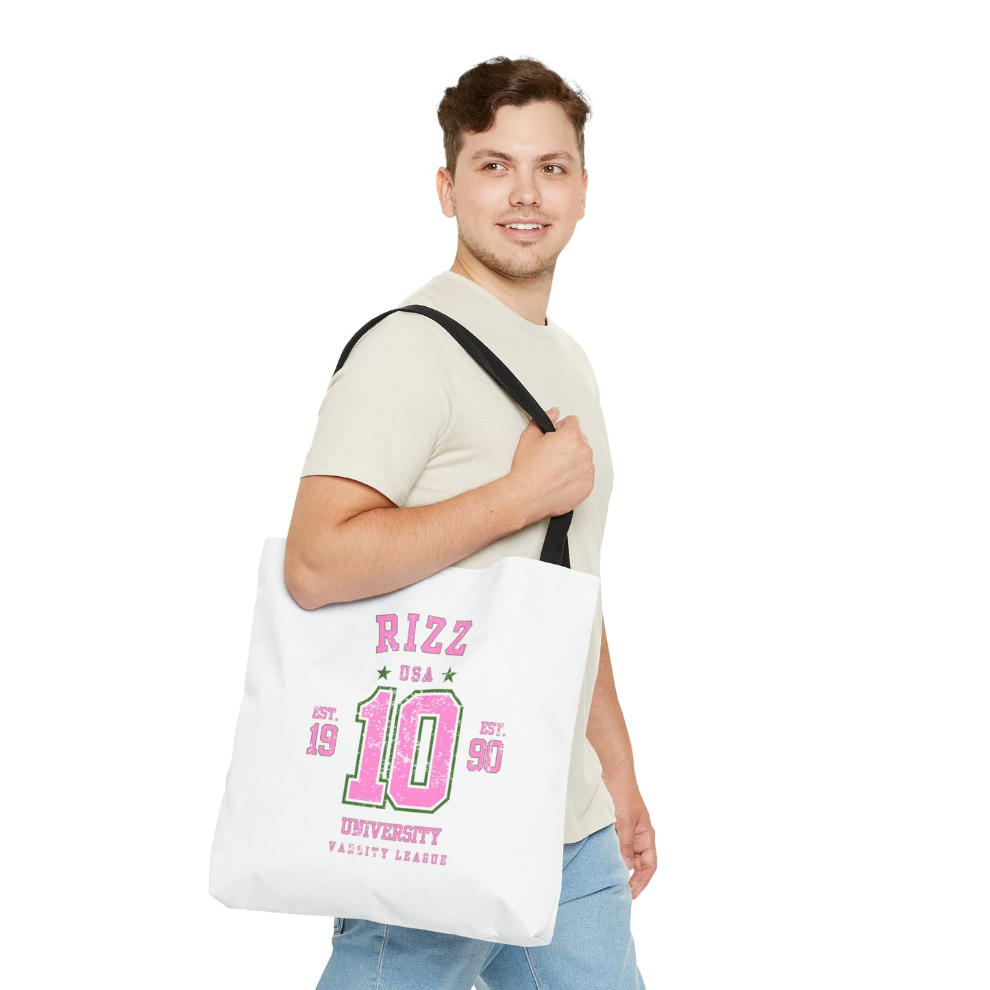 RIZZ UNIVERSITY- AOP Tote Bag (white)-"Hallway Runway Ready"