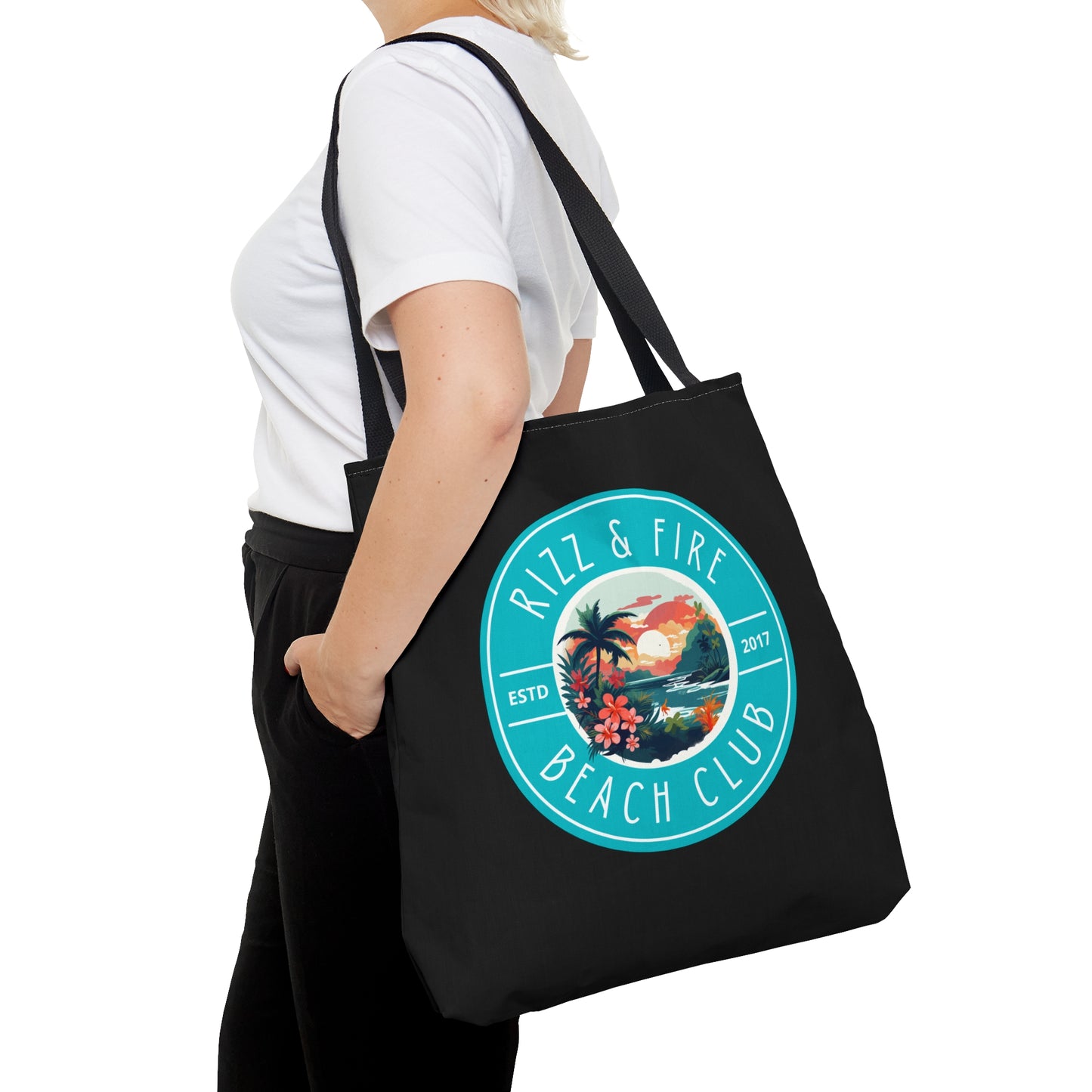 RIZZ & FIRE BEACH CLUB- AOP Tote Bag (BLACK)"Tote-Ally Stylish, All Day Every Day"