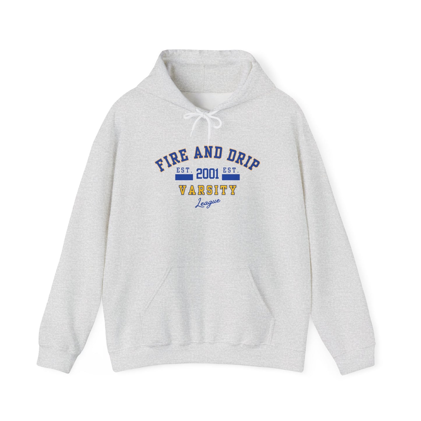 FIRE AND DRIP VARSITY- Unisex Heavy Blend Hooded Sweatshirt-“Must Have Streetwear Trending Graphic Pullover for Everyday Style”