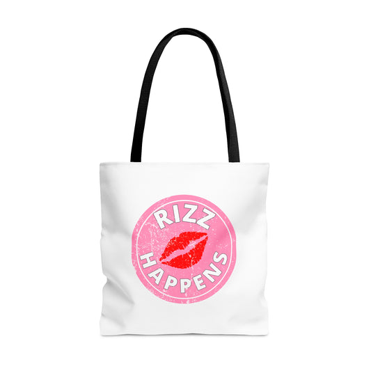 RIZZ HAPPENS- AOP Tote Bag (white)-"Shopping Trips Deserve A Plus-One"