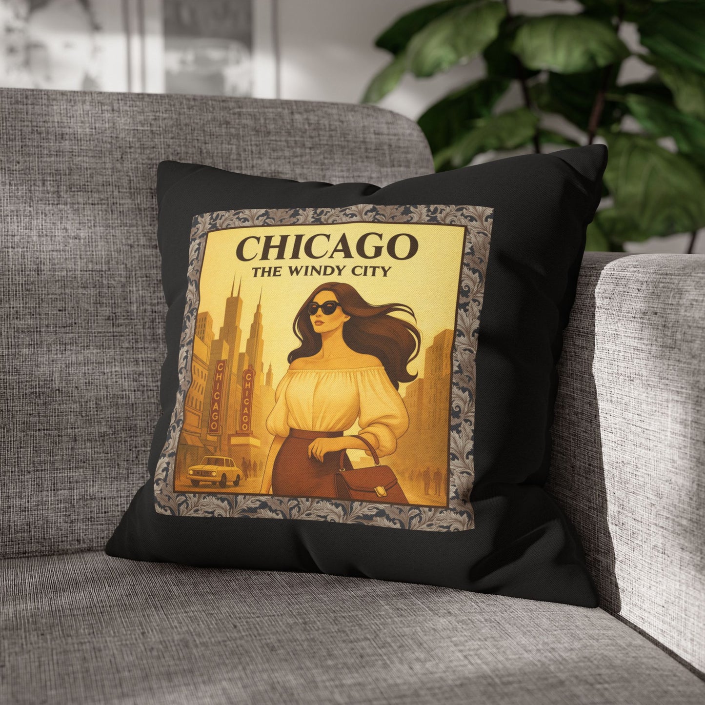 Chicago The Windy City- (Black) Travel Inspired Design - 18 x 18  Pillowcase