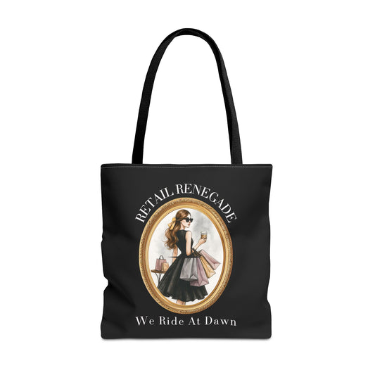 RETAIL RENEGADE-WE RIDE AT DAWN- AOP Tote Bag (BLACK) "Shopping Has No Rules"