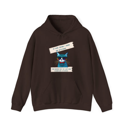 "IF YOU THINK I HAVE AN ATTITUDE-YOU SHOULD SEE THE LADY THAT CLEANS MY LITTERBOX"-  Unisex Heavy Blend Hooded Sweatshirt -(VARIETY OF COLORS) "Sassy Cat With Attitude"