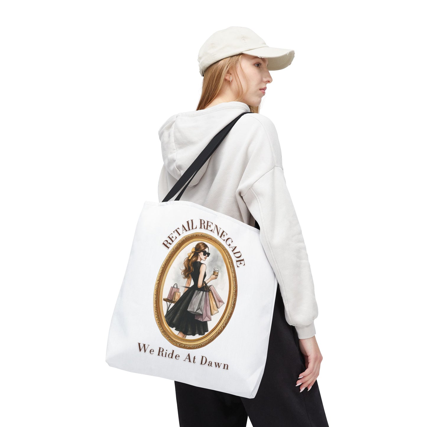 RETAIL RENEGADE-WE RIDE AT DAWN- AOP Tote Bag (White) "Shopping Has No Rules"