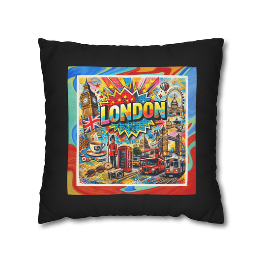 London Historic Pop Art- (Black) Travel Inspired Design- Square Pillowcase  - Artistic Home Decor (ONLY COVER INCLUDED)
