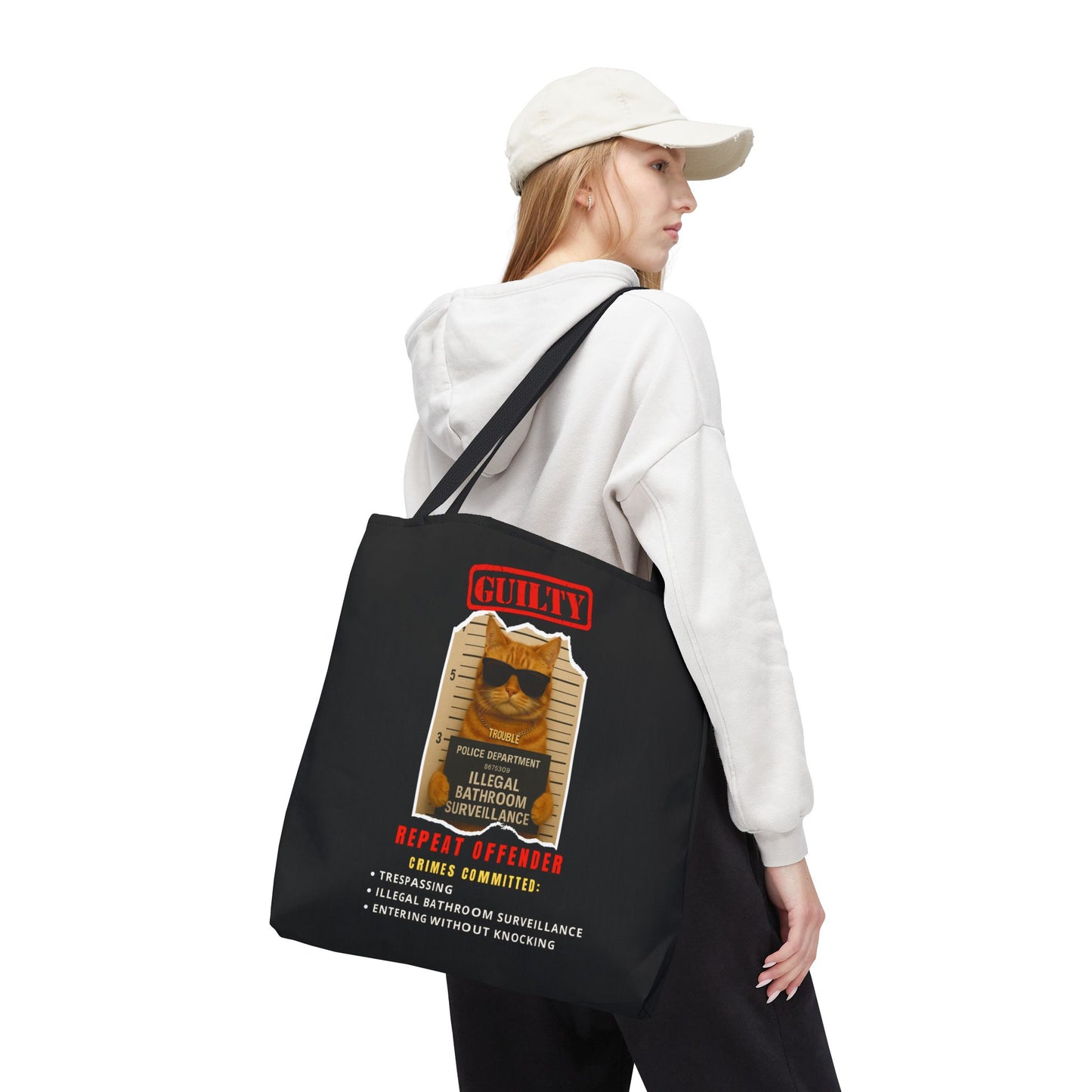 GUILTY CAT- ILLEGAL BATHROOM SURVEILLANCE-TOTE BAG (BLACK) "Cats Doing Time For The Crime"