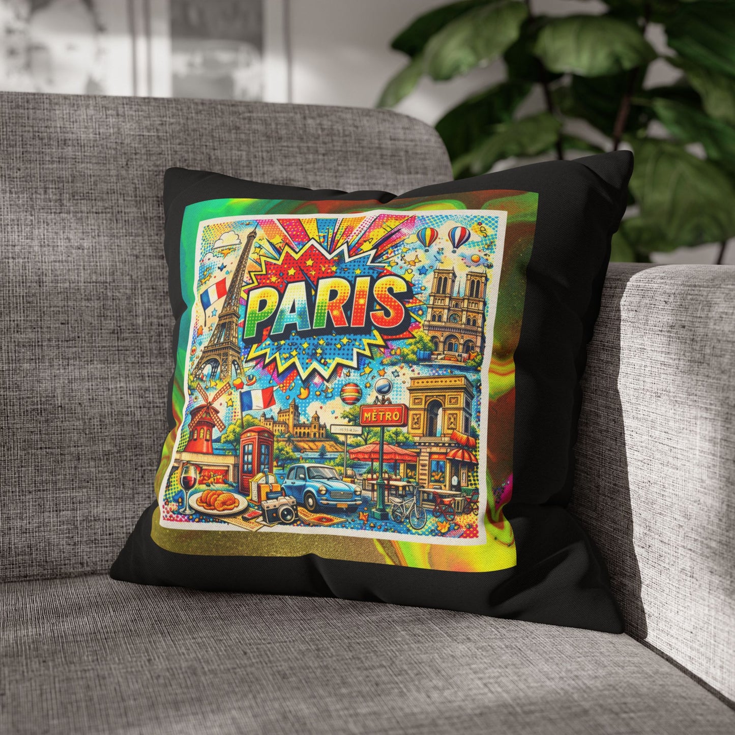 Charming Paris Pop Art- (Black) Travel Inspired Design- Square Pillowcase  - Artistic Home Decor (ONLY PILLOW COVER INCLUDED)
