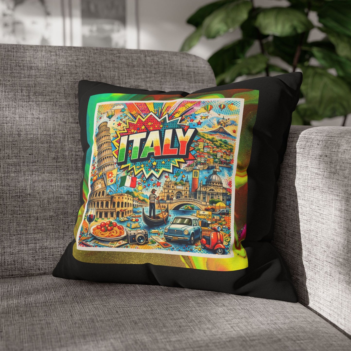 Vibrant Italy Pop Art- (Black) Travel Inspired Design - 18 x 18  Pillowcase