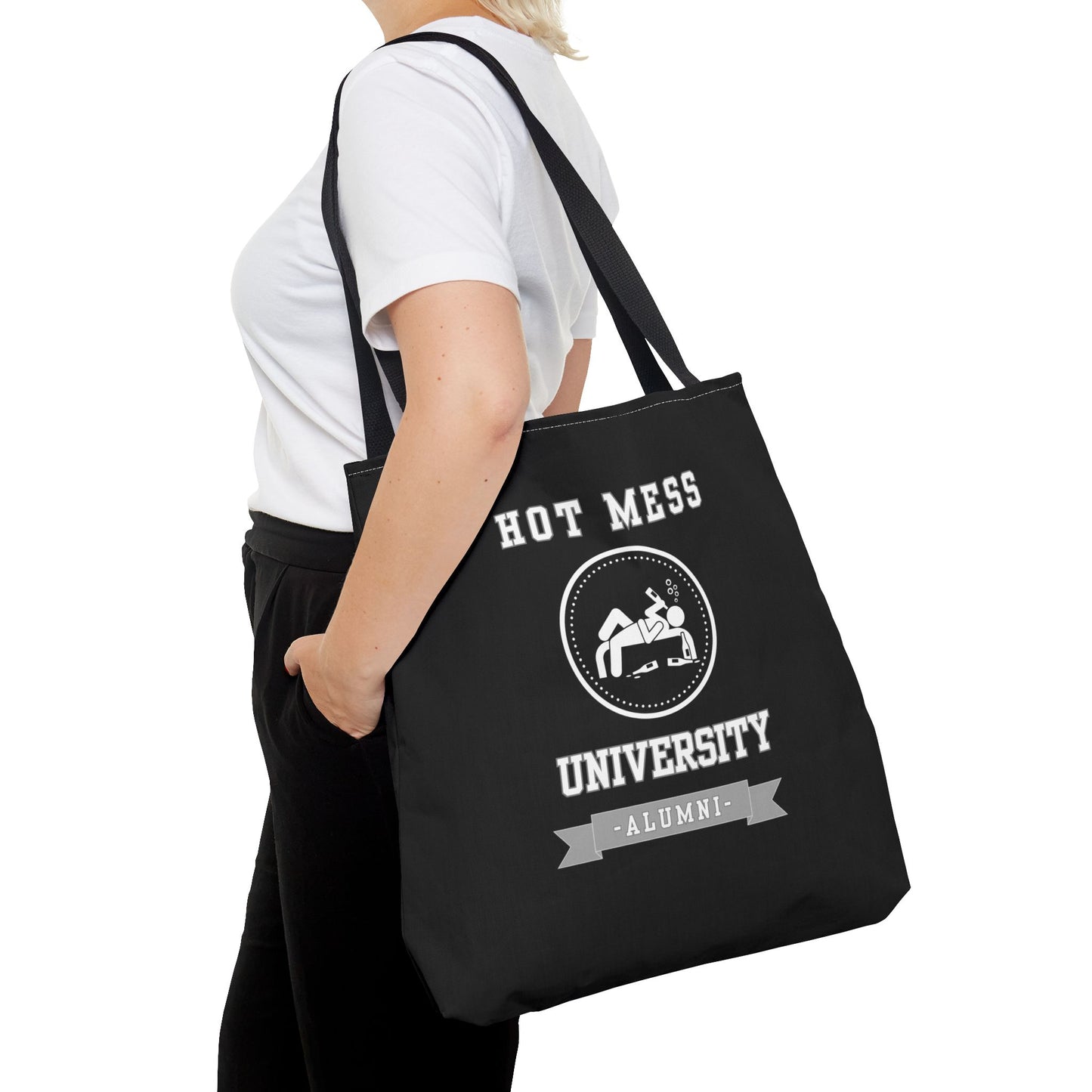 HOT MESS UNIVERSITY- AOP Tote Bag (BLACK) "No SAT Score Required"