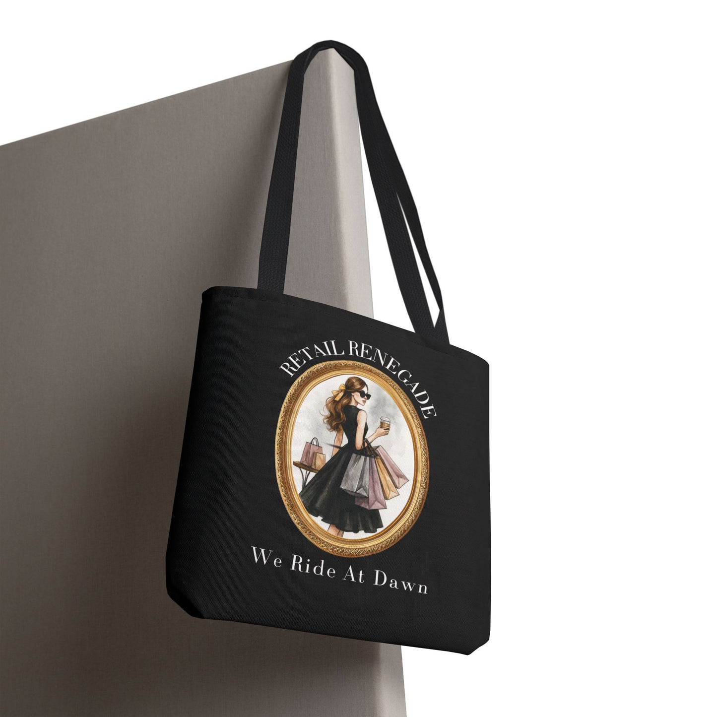 RETAIL RENEGADE-WE RIDE AT DAWN- AOP Tote Bag (BLACK) "Shopping Has No Rules"