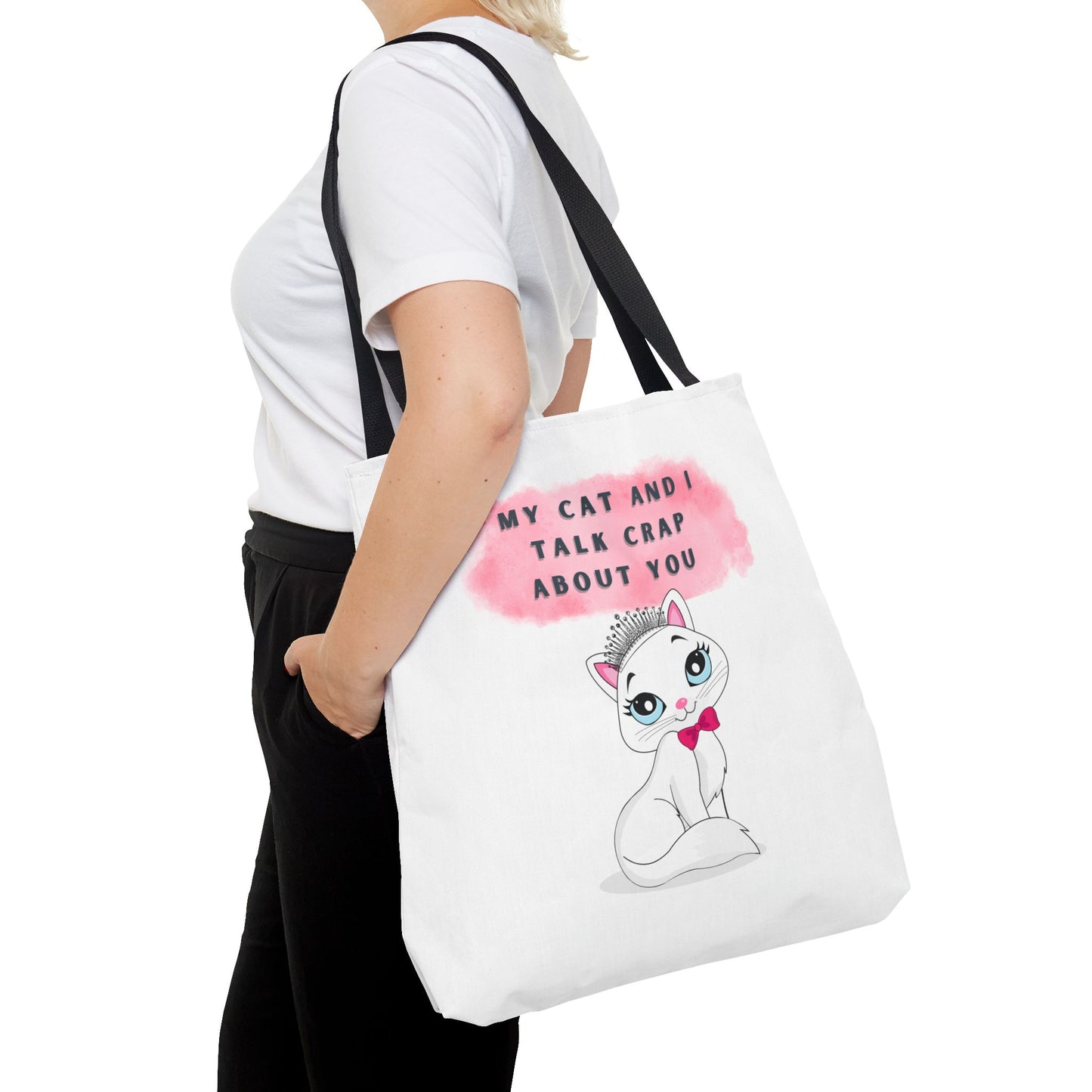 MY CAT AND I TALK CRAP- AOP Tote Bag (white)  18x18