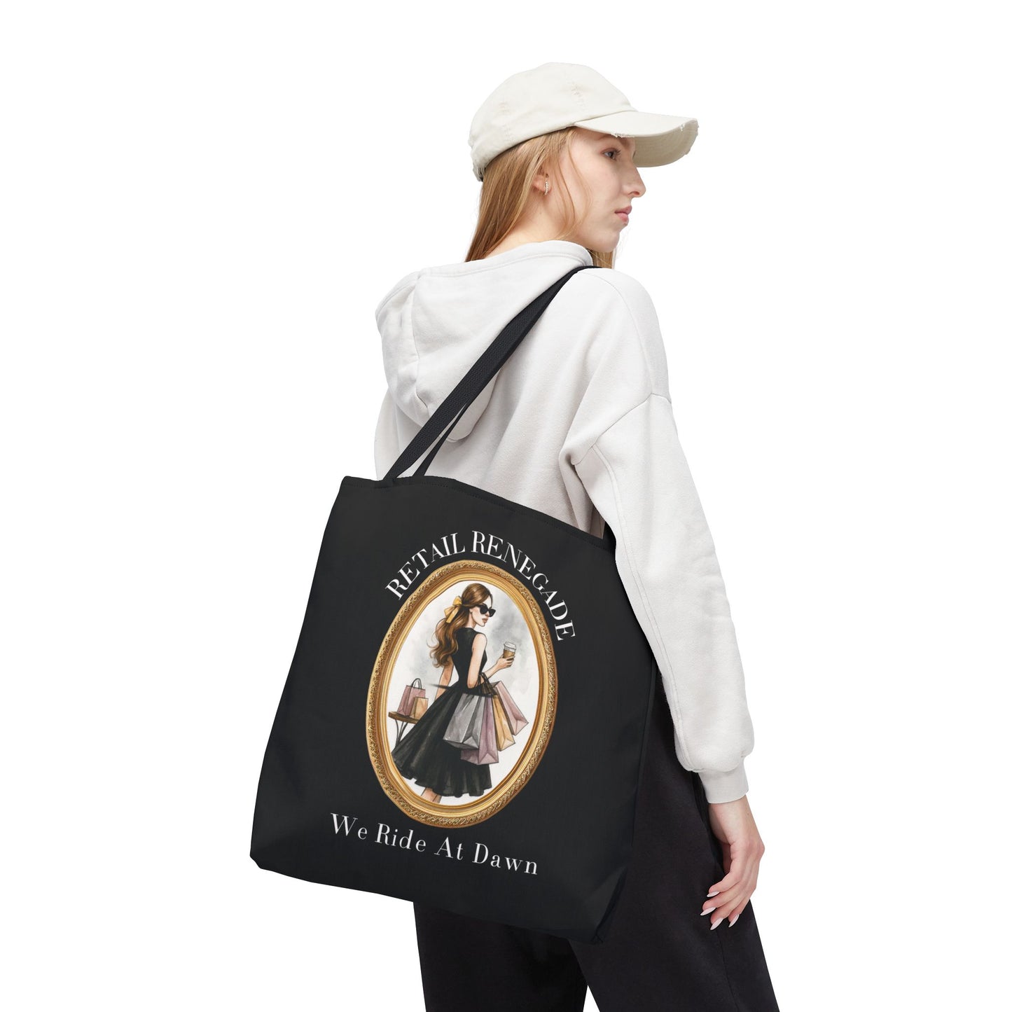 RETAIL RENEGADE-WE RIDE AT DAWN- AOP Tote Bag (BLACK) "Shopping Has No Rules"