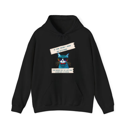 "IF YOU THINK I HAVE AN ATTITUDE-YOU SHOULD SEE THE LADY THAT CLEANS MY LITTERBOX"-  Unisex Heavy Blend Hooded Sweatshirt -(VARIETY OF COLORS) "Sassy Cat With Attitude"
