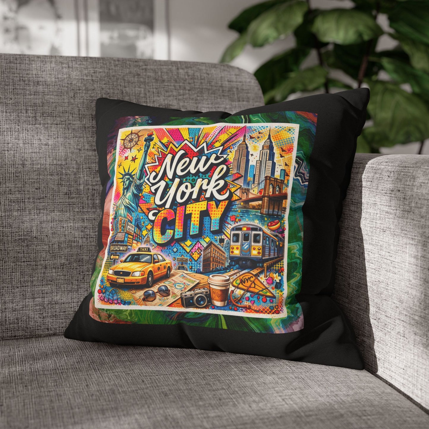 Vibrant NYC Pop Art- (Black) Travel Inspired Design - 18 x 18  Pillowcase