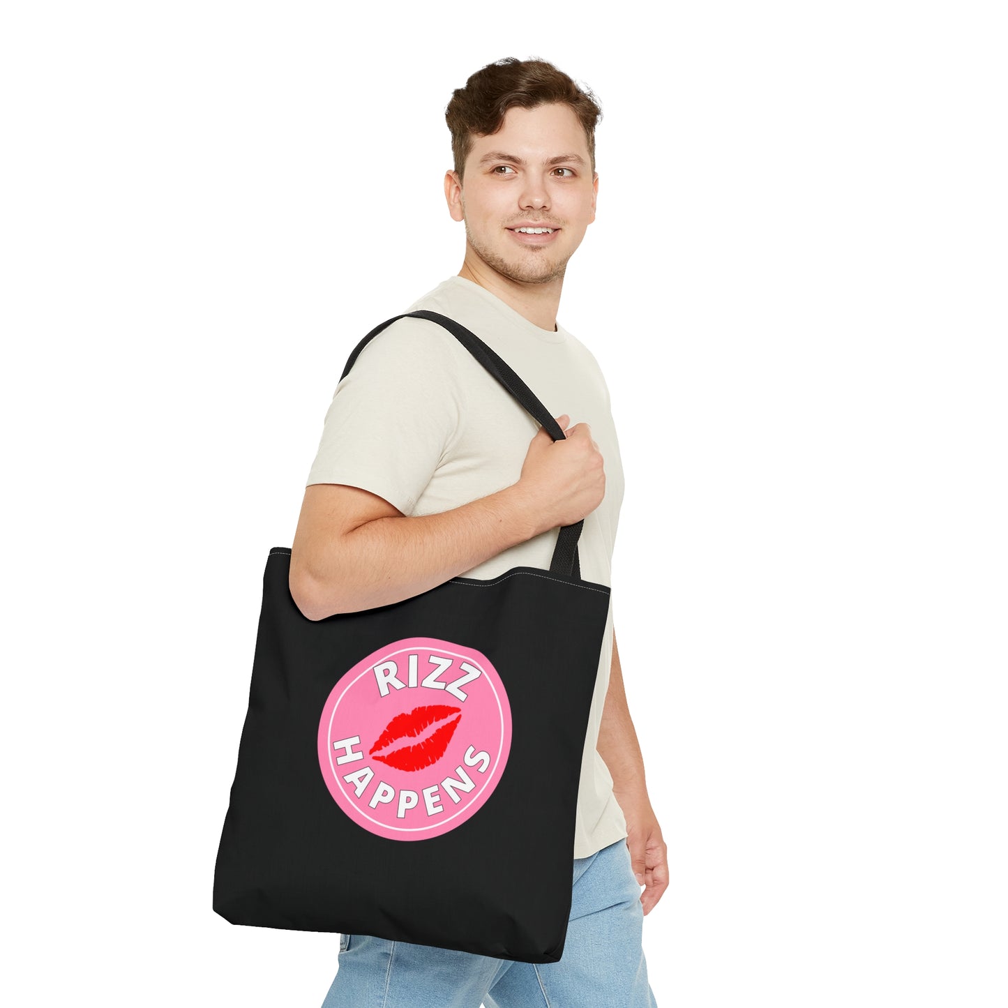 RIZZ HAPPENS- AOP Tote Bag (black)"Back To School, But Make It Aesthetic"