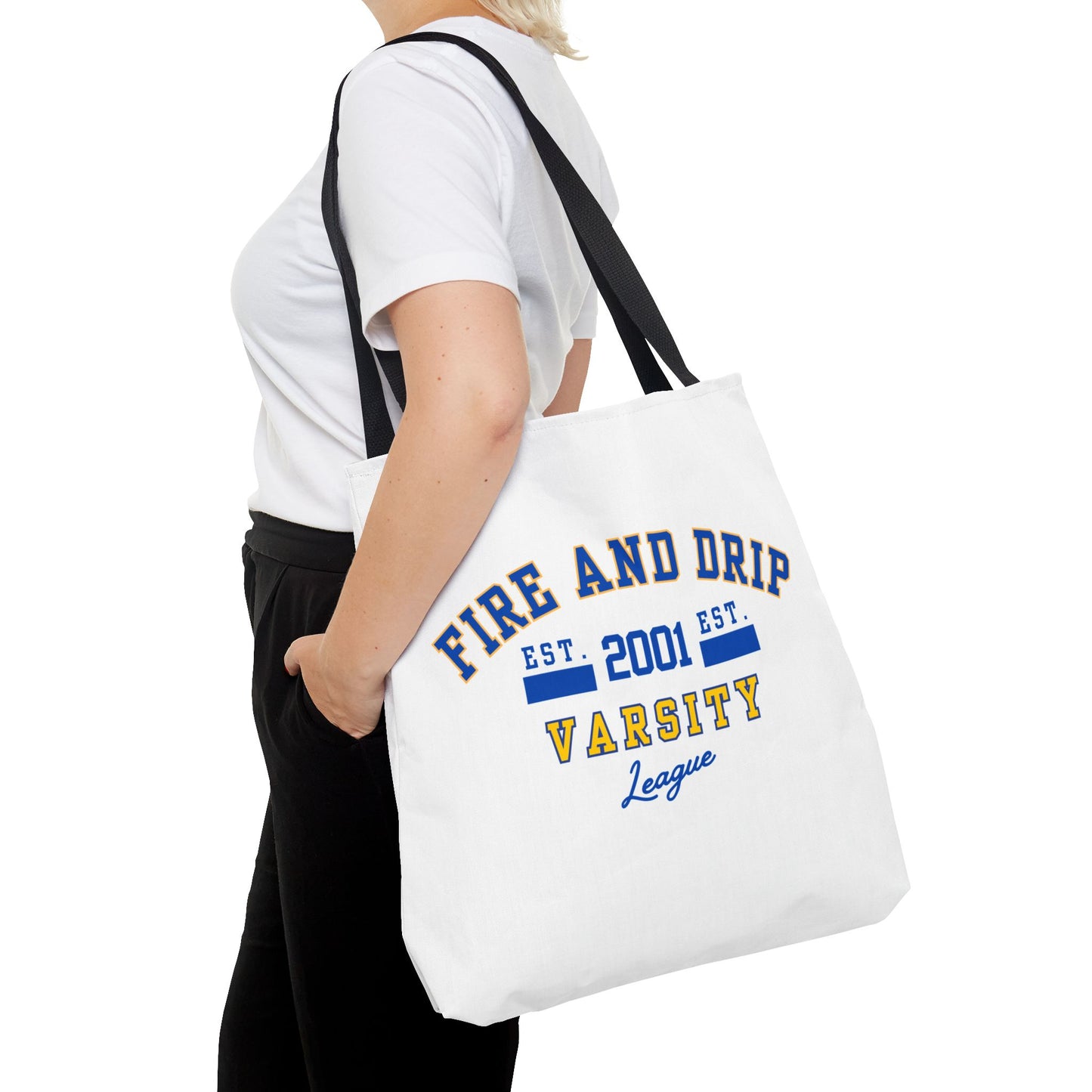 FIRE AND DRIP VARSITY LEAGUE- AOP Tote Bag  18x18