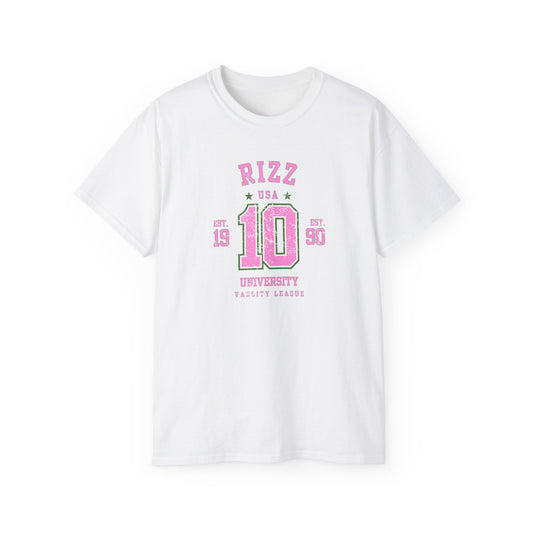 RIZZ UNIVERSITY #10 VARSITY LEAGUE - T-Shirt!  “Style focused Shirt for College, Weekends & Beyond”