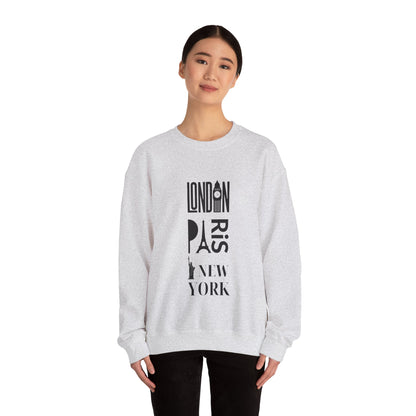 LONDON NEW YORK PARIS- Unisex Heavy Blend Crewneck Sweatshirt (VARIETY OF COLORS) "Stylish Travel Sweatshirt- Big City Energy"