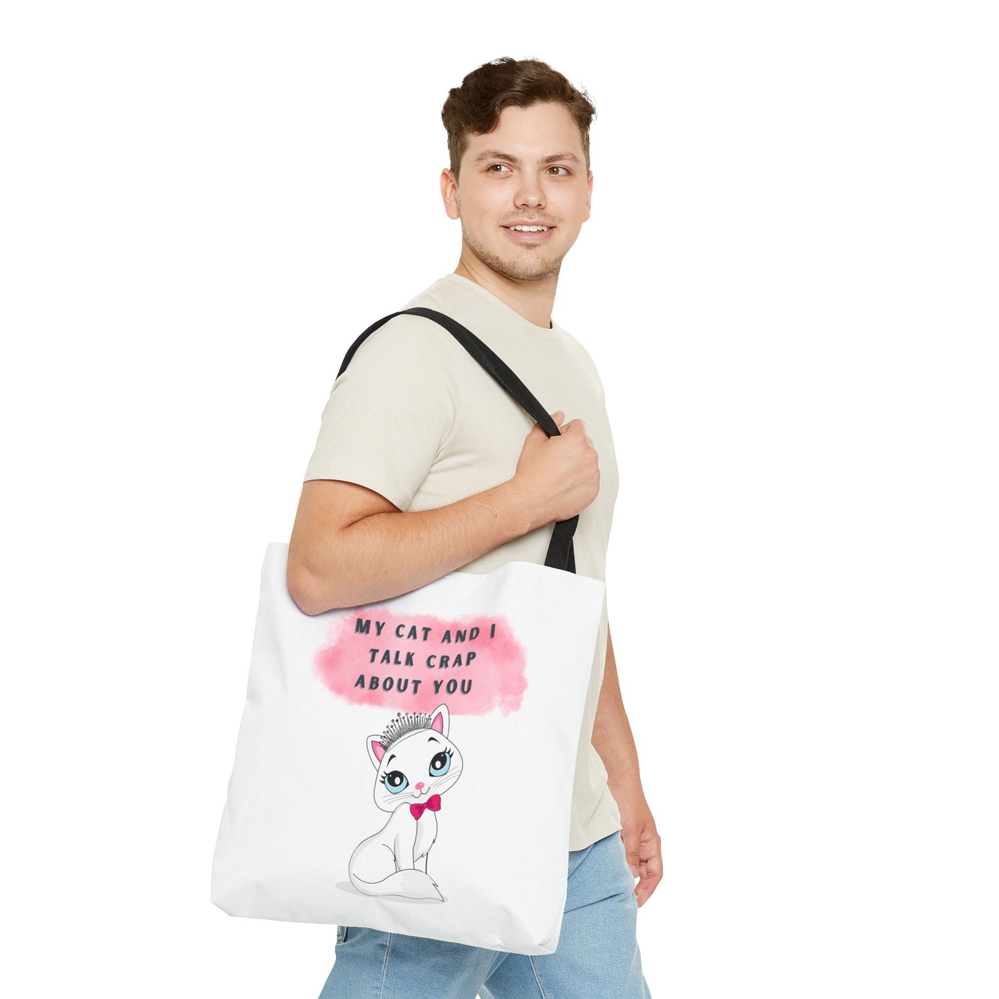 MY CAT AND I TALK CRAP- AOP Tote Bag (white)  18x18