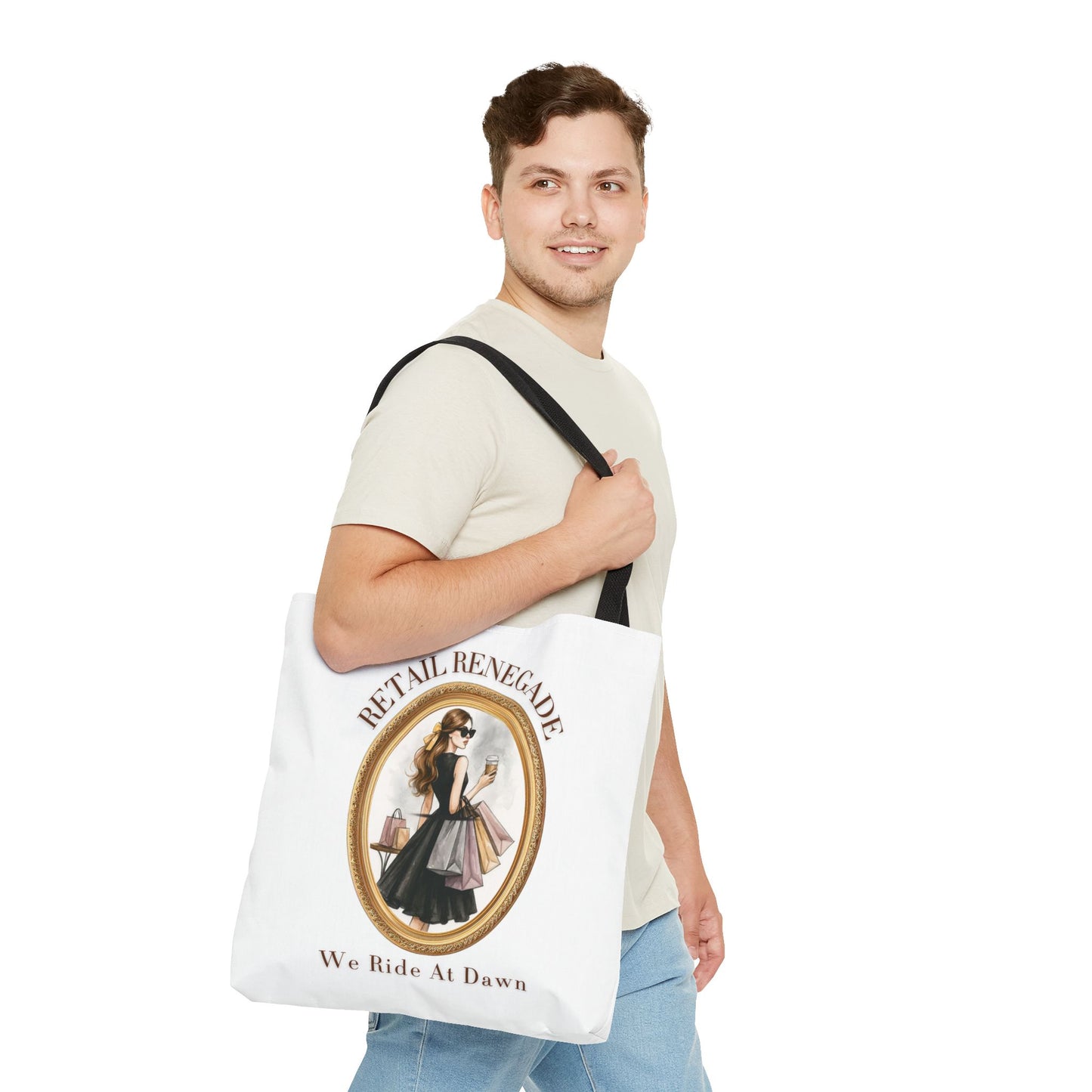 RETAIL RENEGADE-WE RIDE AT DAWN- AOP Tote Bag (White) "Shopping Has No Rules"