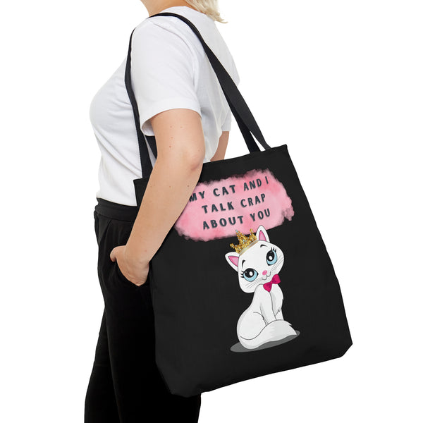 MY CAT AND I TALK CRAP- AOP Tote Bag (BLACK)
