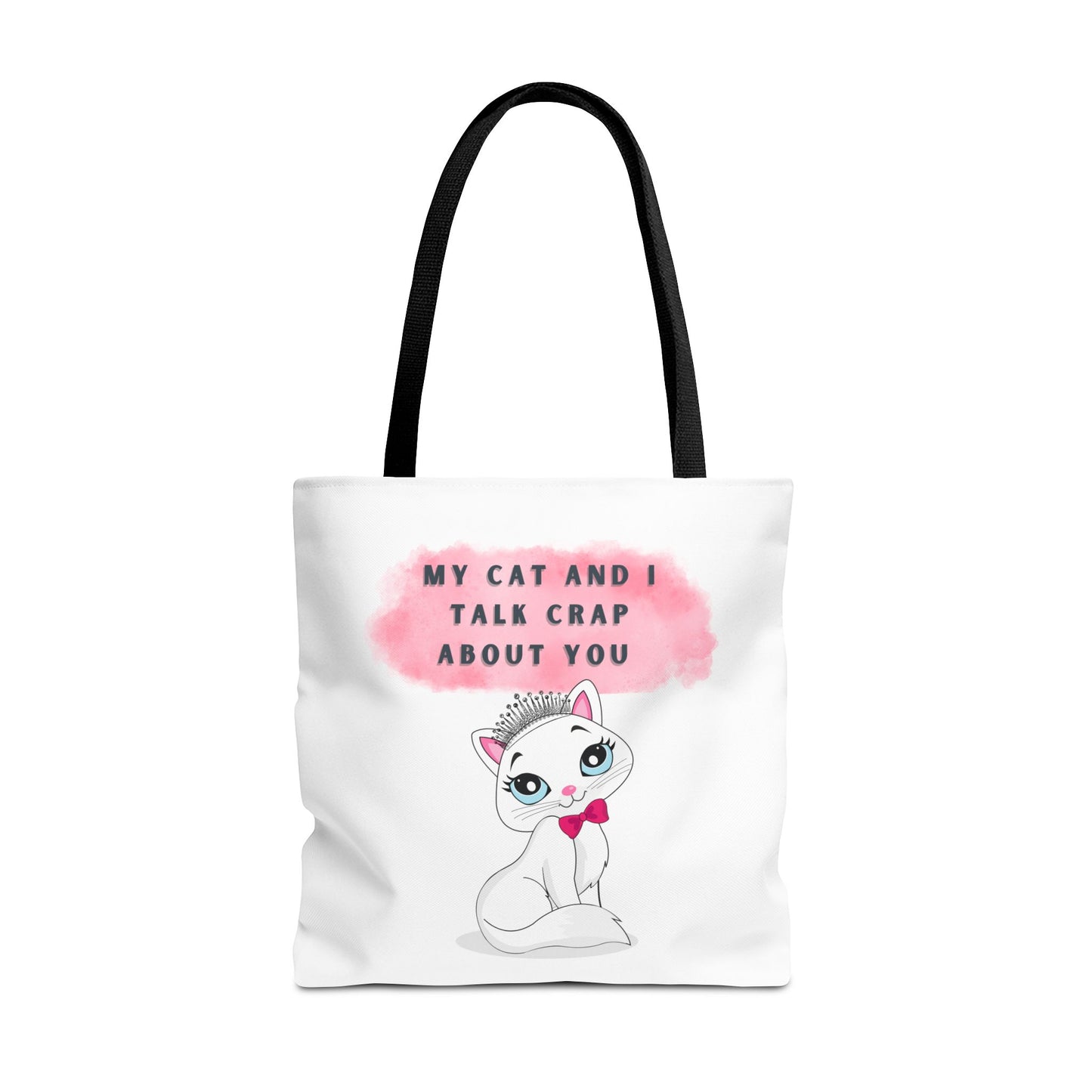 MY CAT AND I TALK CRAP- AOP Tote Bag (white)  18x18