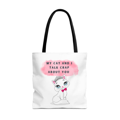 MY CAT AND I TALK CRAP- AOP Tote Bag (white)  18x18