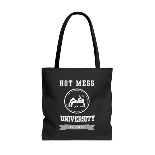 HOT MESS UNIVERSITY- AOP Tote Bag (BLACK) "No SAT Score Required"