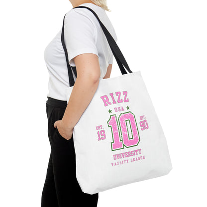 RIZZ UNIVERSITY- AOP Tote Bag (white)-"Hallway Runway Ready"