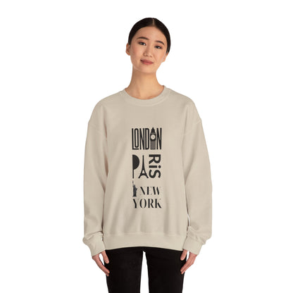LONDON NEW YORK PARIS- Unisex Heavy Blend Crewneck Sweatshirt (VARIETY OF COLORS) "Stylish Travel Sweatshirt- Big City Energy"