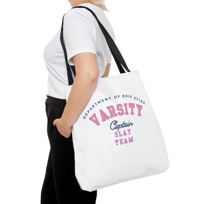 DEPARTMENT OF DRIP & FIRE VARSITY CAPTAIN SLAY TEAM- AOP Tote Bag (white)-"Shopping Trips Deserve A Plus-One"