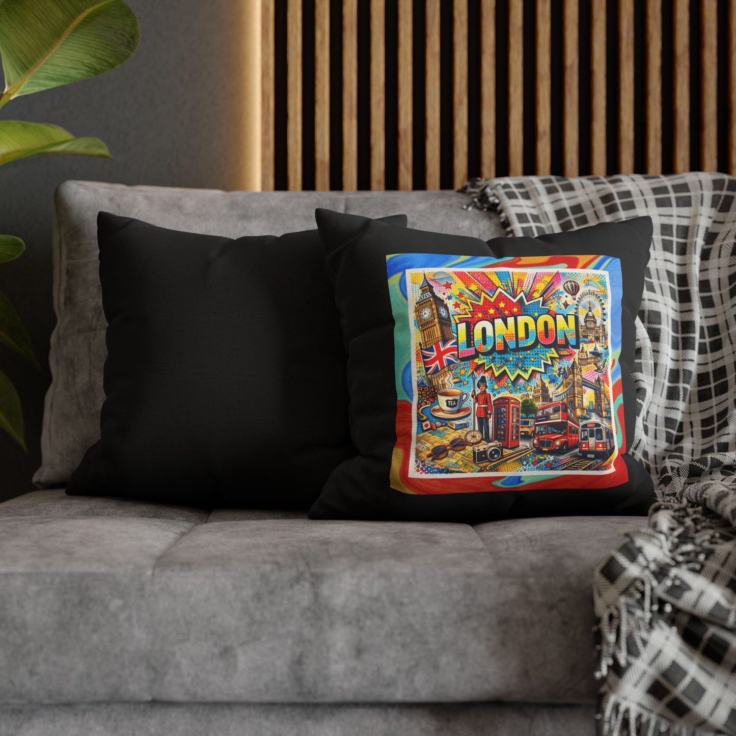 London Historic Pop Art- (Black) Travel Inspired Design-  18 x 18  Pillowcase