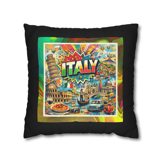 Vibrant Italy Pop Art- (Black) Travel Inspired Design -Square Pillowcase  - Artistic Home Decor (ONLY PILLOW COVER INCLUDED)