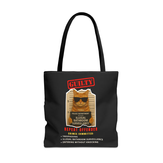 GUILTY CAT- ILLEGAL BATHROOM SURVEILLANCE-TOTE BAG (BLACK) "Cats Doing Time For The Crime"