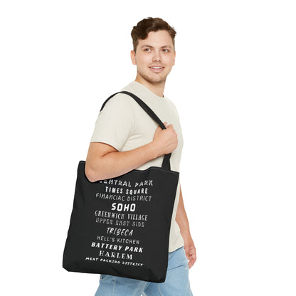 NYC Neighborhoods- AOP Tote Bag (BLACK) 18x18