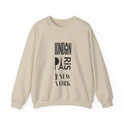 LONDON NEW YORK PARIS- Unisex Heavy Blend Crewneck Sweatshirt (VARIETY OF COLORS) "Stylish Travel Sweatshirt- Big City Energy"